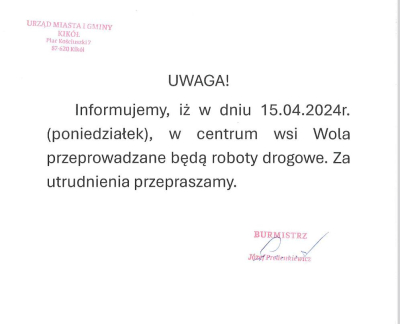 Informacja - utrudnienia - roboty drogowe