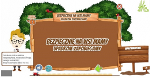 rysunek przedstawia: drzewa, ptaki, tablica i napis &quot; bezpiecznie na wsi mamy upadkom zapobiegamy&quot;, logo krus, chłopiec z napisem dotyczącym rozpoczęcia szkolenia, znak wprowadzenie
