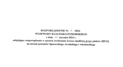 Rozporządzenie Wojewody Kujawsko-Pomorskiego uchylające rozporządzenie w sprawie grypy ptaków (HPAI)
