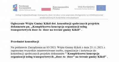 Ogłoszenie Wójta Gminy Kikół dot. konsultacji społecznych projektu dokumentu pn. „Kompleksowa koncepcja organizacji usług transportowych door-to- door na terenie gminy Kikół” . 