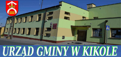 na zdjęciu budynek Urzędu Gminy w Kikole, herb Gminy Kikół i napis Urząd Gminy w Kikole