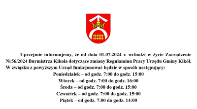 Zmiana godzin funkcjonowania Urzędu Miasta i Gminy Kikół