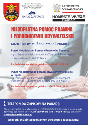 PUNKT NIEODPŁATNEJ POMOCY PRAWNEJ I PUNKT NIEODPŁATNEGO PORADNICTWA OBYWATELSKIEGO