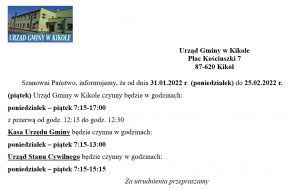 Informacja godziny pracy Urzędu Gminy w Kikole