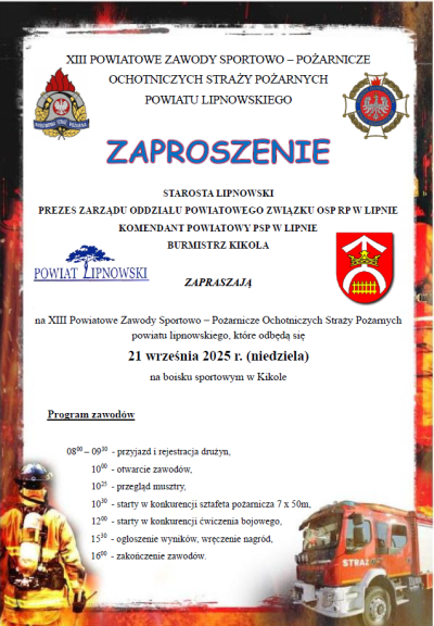 Zaproszenie na XIII Powiatowe Zawody Sportowo-Pożarnicze Straży Pożarnych Powiatu Lipnowskiego