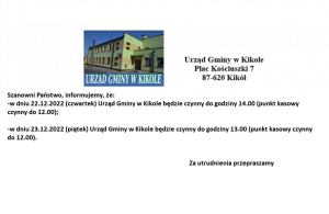 Informacja godziny pracy Urzędu Gminy w Kikole 