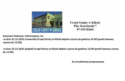 Informacja godziny pracy Urzędu Gminy w Kikole 