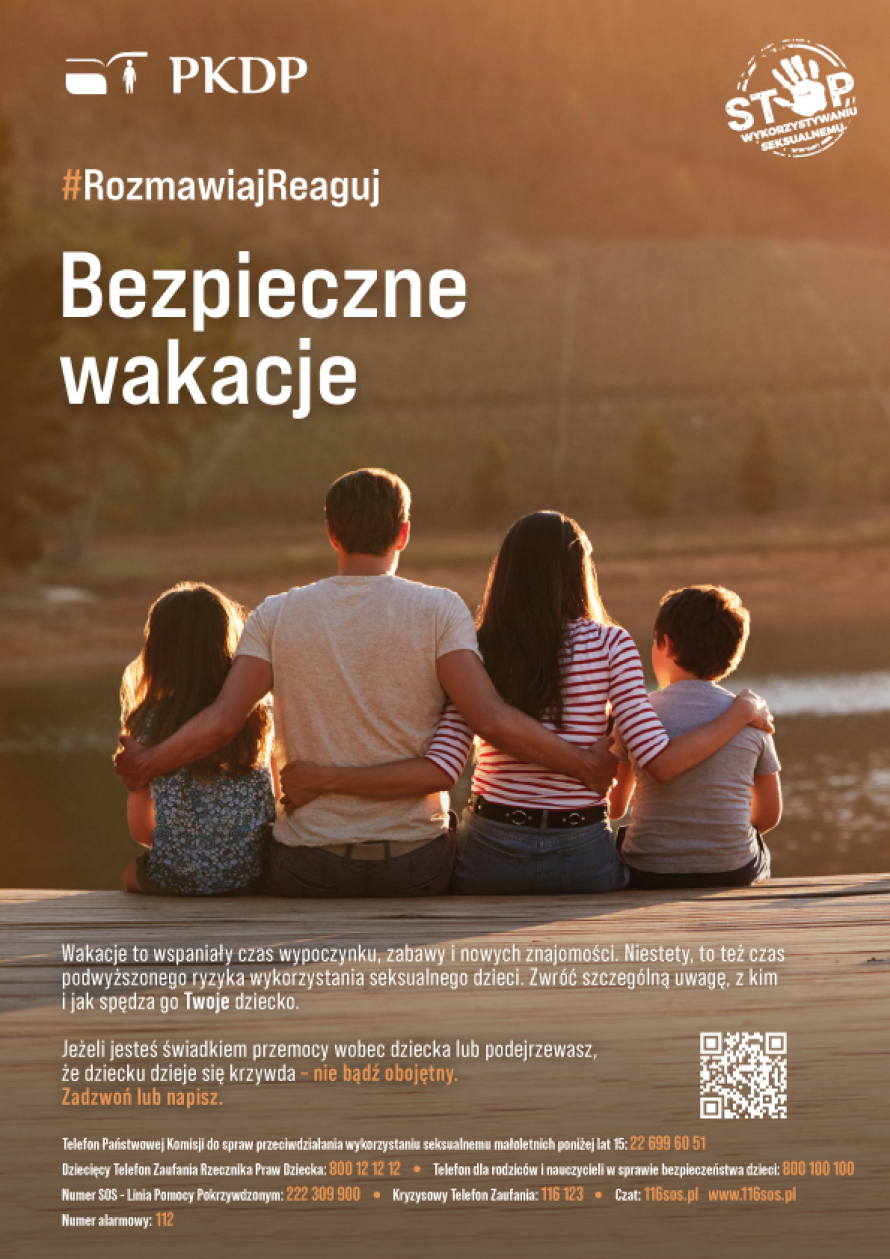 Kampania Państwowej Komisji do spraw przeciwdziałania wykorzystaniu seksualnemu małoletnich poniżej lat 15 &quot;Bezpieczne wakacje&quot; plakat