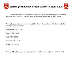 Zmiana godzin pracy Urzędu Miasta i Gminy Kikół