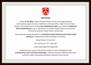 Informacja dot. likwidacji kasy w Urzędzie Miasta i Gminy Kikół
