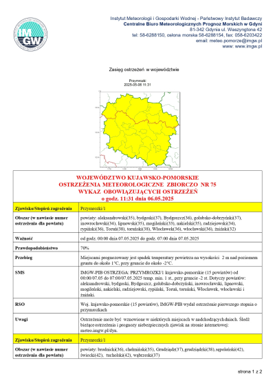 WOJEWÓDZTWO KUJAWSKO-POMORSKIE OSTRZEŻENIA METEOROLOGICZNE ZBIORCZO NR 75