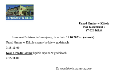 Informacja godziny pracy Urzędu Gminy w Kikole 