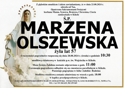 Zawiadomienie o uroczystościach pogrzebowych ś.p. Marzeny Olszewskiej