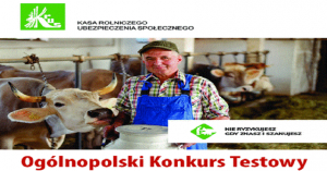 rysunek przedstawia: logo KRUS, rolnik, krowy, napisy &quot;nie ryzykujesz gdy znasz i szanujesz&quot; i &quot;ogólnopolski konkurs testowy&quot;