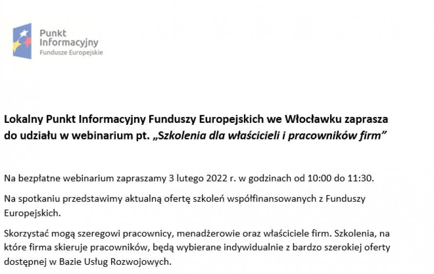Lokalny Punkt Informacyjny Funduszy Europejskich we Włocławku zaprasza do udziału w webinarium pt. „Szkolenia dla właścicieli i pracowników firm”