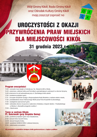 ZAPROSZENIE - Uroczystości z okazji Przywrócenia Praw Miejskich dla miejscowości Kikół 
