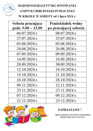Nowy harmonogram pracy biblioteki w soboty oraz wolne poniedziałki po pracującej sobocie.