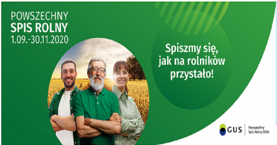 ilustracja przedstawia: biały napis na zielonym tle Powszechny Spis Rolny 01.09-30.11.2020, logo GUS Powszechny Spis Rolny