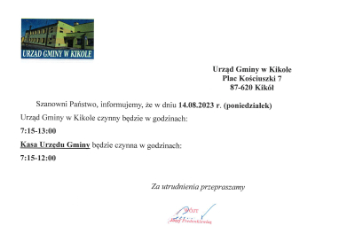 Informacja godziny pracy Urzędu Gminy w Kikole w dniu 14.08.2023