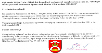 Ogłoszenie w sprawie przeprowadzenia konsultacji społecznych projektu Strategia Rozwiązywania Problemów Społecznych Gminy Kikół na lata 2021-2031