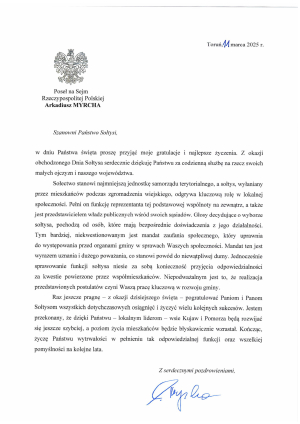 Życzenia Posła na Sejm RP Andrzeja Myrchy z okazji Dnia Sołtysa