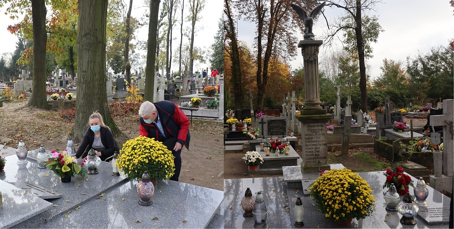na zdjęciu delegacja Urzędu Gminy w Kikole składa kwiaty i znicz na grobie na cmentarzu w Suminie
