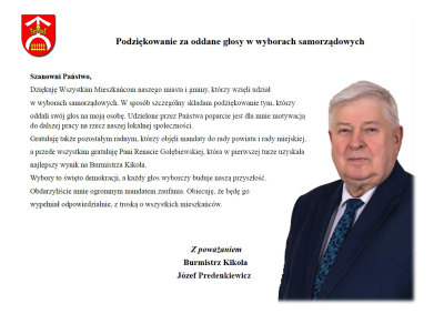 Podziękowanie Burmistrza Kikoła za oddane głosy w wyborach samorządowych