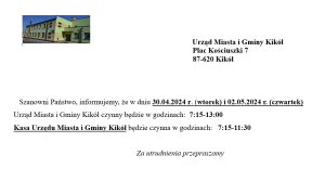 Informacja godziny pracy Urzędu Miasta i Gminy Kikół