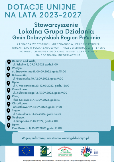 Spotkanie dotyczące opracowania nowej LSR  Stowarzyszenia Lokalna Grupa Działania Gmin Dobrzyńskich Region Południe lata 2023-2027 - Zmiana miejsca spotkania - Świetlica Wiejska w Kikole ul. Targowa 1