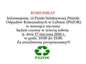 Komunikat dot. funkcjonowania PSZOK-u w Lubinie w styczniu 2026 r.