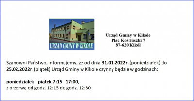 Informacja godziny pracy Urzędu Gminy w Kikole