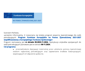 Rozpoczyna się kolejny program wsparcia żywnościowego dla osób potrzebujących: Program Fundusze Europejskie na Pomoc Żywnościową 2021-2027 współfinasowany z Europejskiego Funduszu Społecznego+ 