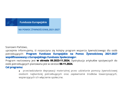 Rozpoczyna się kolejny program wsparcia żywnościowego dla osób potrzebujących: Program Fundusze Europejskie na Pomoc Żywnościową 2021-2027 współfinasowany z Europejskiego Funduszu Społecznego+ 