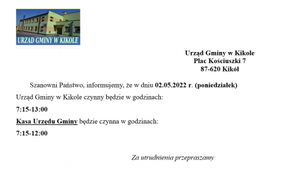 Informacja godziny pracy Urzędu Gminy w Kikole