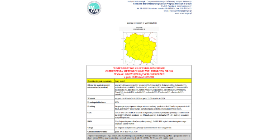 OSTRZEŻENIA METEOROLOGICZNE ZBIORCZO NR 180