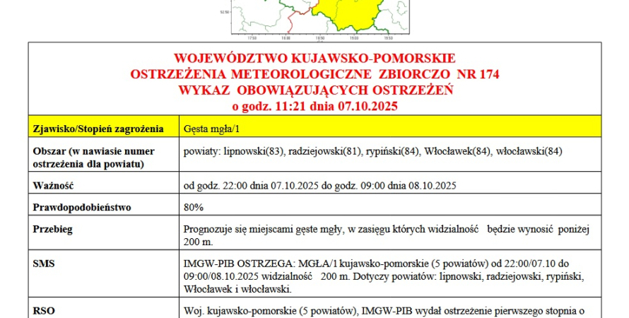 OSTRZEŻENIA METEOROLOGICZNE ZBIORCZO NR 174