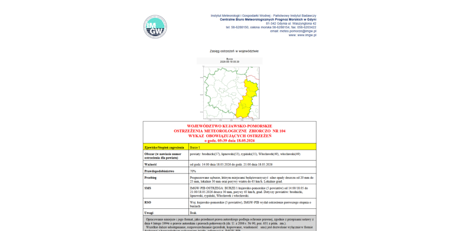 OSTRZEŻENIA METEOROLOGICZNE ZBIORCZO NR 104