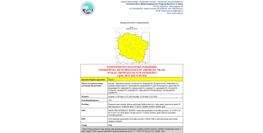 OSTRZEŻENIA METEOROLOGICZNE ZBIORCZO NR 100