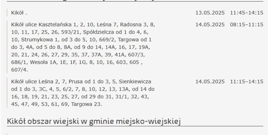 Informacja o planowanych wyłączeniach prądu