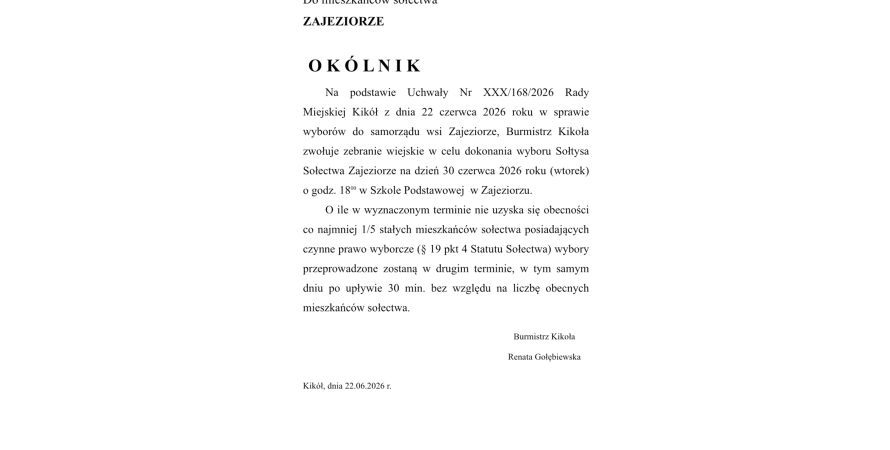Szanowni Mieszkańcy Sołectwa Zajeziorze