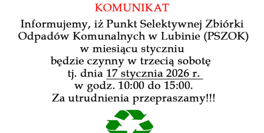Komunikat dot. funkcjonowania PSZOK-u w Lubinie...