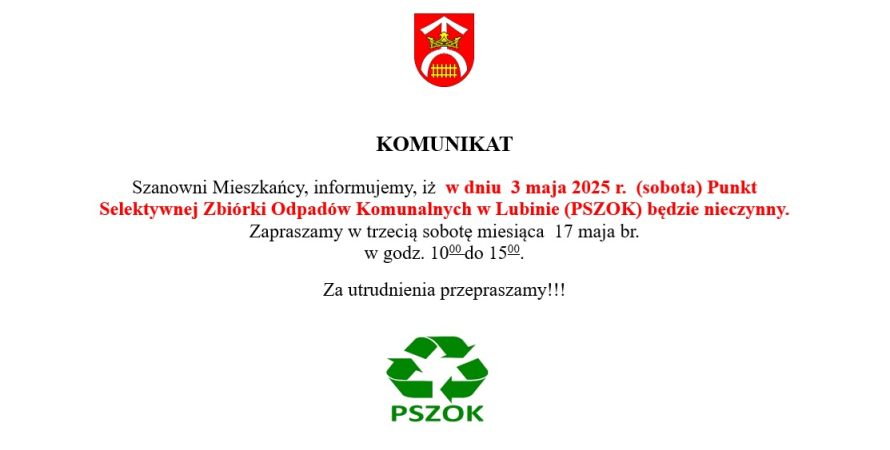 Komunikat dot. funkcjonowania PSZOK w Lubinie